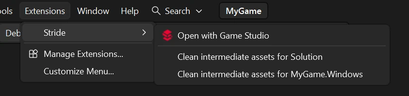 Visual Studio 中 "Open in Game Studio" 按钮的截图。